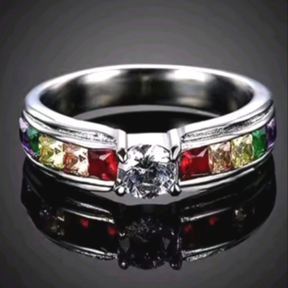 Ladies Colorful 925 Sterling Silver Rainbow Gemstone Ring Sz 8